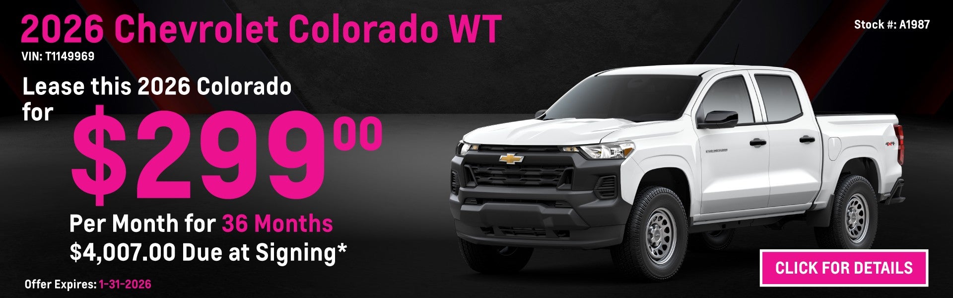 2026 Chevrolet Colorado WT Lease Special: $299 per month