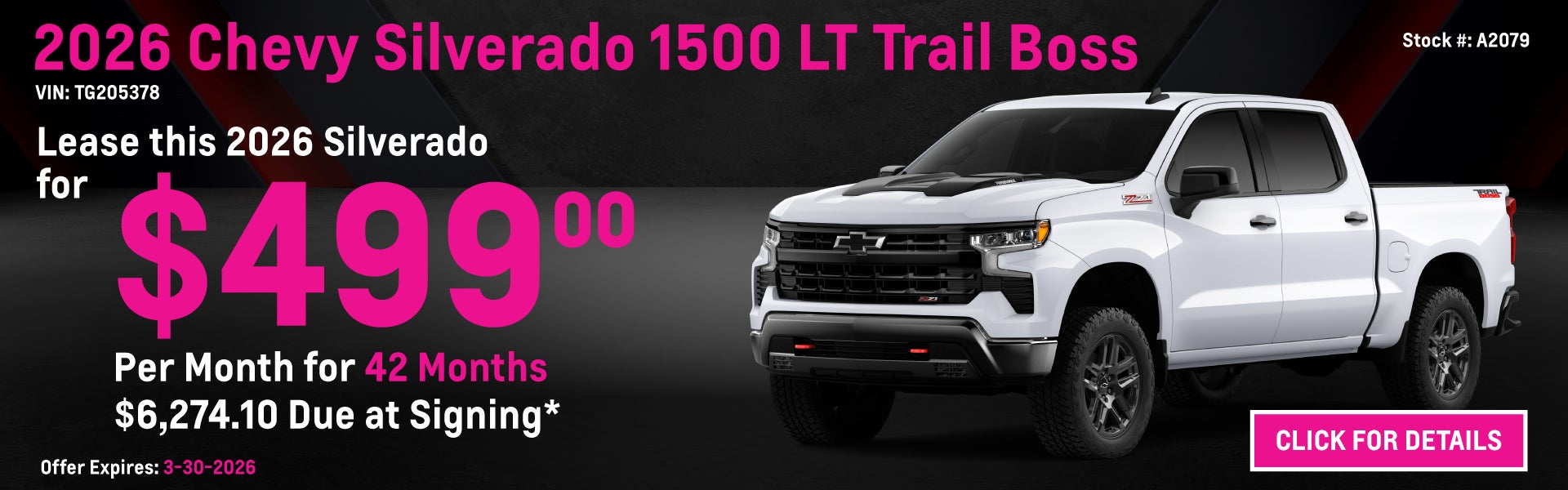 2026 Chevy Silverado 1500 LT Trail Boss Lease Special: $499 