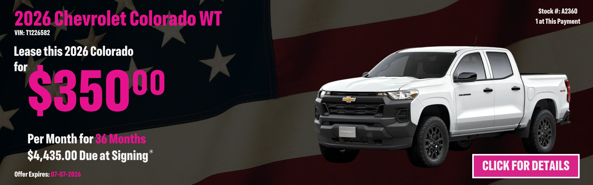 2026 Chevrolet Colorado WT Lease Special: $350 per month