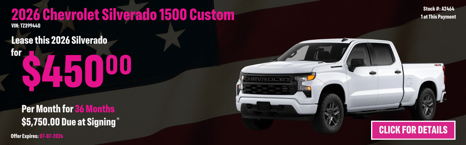 2026 Chevrolet Silverado 1500 Custom Lease Special: $450 per