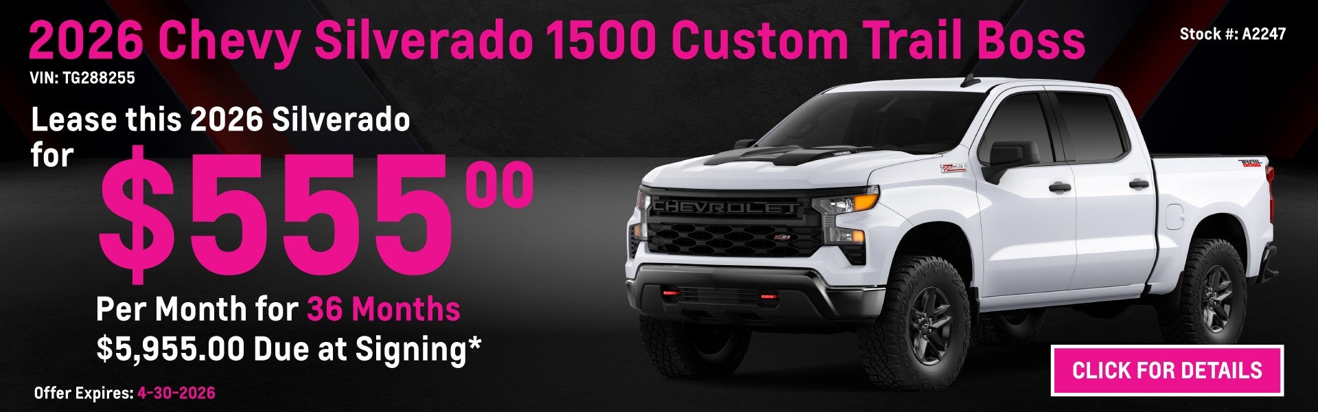 2026 Chevrolet Silverado 1500 Custom Trail Boss Lease Specia