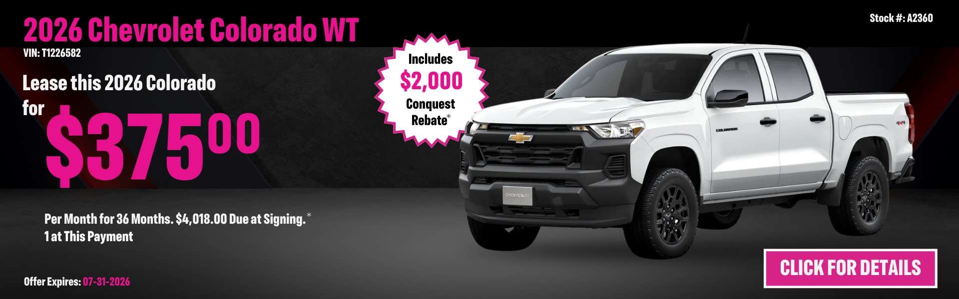 2026 Chevrolet Colorado WT Lease Special: $375 per month